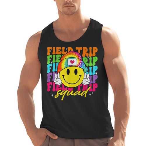 Field Trip Squad Groovy Field Day Smile Face Teacher Tie Dye Men Tank Top - teacherstshirts.com AU