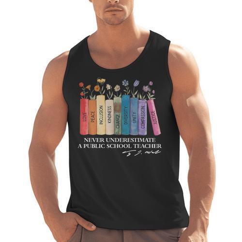 Floral Books Never Underestimate A Public School Teacher Men Tank Top - teacherstshirts.com