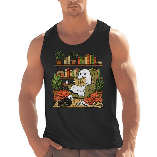 Ghost Library Reading Books Halloween Librarian Teacher Men Tank Top - teacherstshirts.com