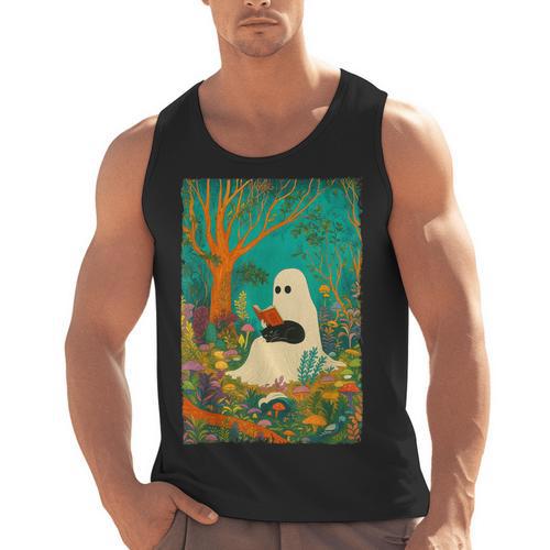 Groovy Ghost Reading Book Cat Halloween Ghost Teacher Men Tank Top - teacherstshirts.com AU