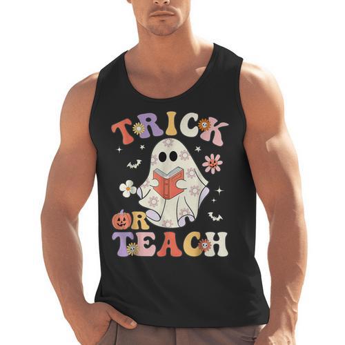 Groovy Halloween Trick Or Teach Retro Floral Ghost Teacher Men Tank Top - teacherstshirts.com CA