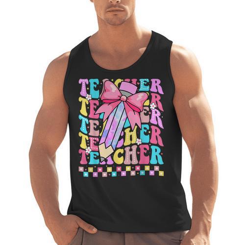 Groovy Teacher Cute Coquette Bow Flower Retro Back To School Men Tank Top - teacherstshirts.com AU
