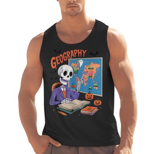 Halloween Skeleton Geography Teacher Pumpkin Bats Classroom Men Tank Top - teacherstshirts.com UK