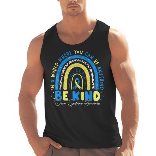 Be Kind Rainbow Down Syndrome Awareness Teacher Blue Yellow Men Tank Top - teacherstshirts.com UK