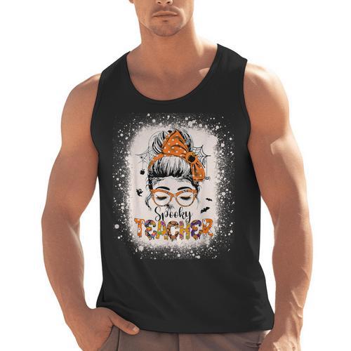 Messy Bun Spooky Teacher Bleached Halloween Teachers Men Tank Top - teacherstshirts.com UK