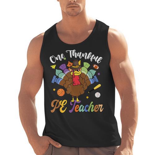 One Thankful PE Teacher Turkey Thanksgiving -Adults & Kids Classic Fit Polyester 100 Short Sleeve Men Tank Top - teacherstshirts.com UK