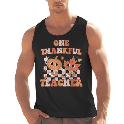 One Thankful Teacher Fall Leaves Thanksgiving Retro Men Tank Top - teacherstshirts.com