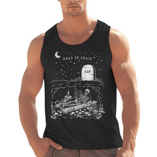 Read In Peace Skeleton Halloween Book Reading Spooky Teacher Men Tank Top - teacherstshirts.com