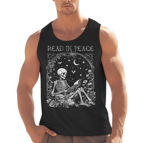 Read In Peace Skeleton Reading Teacher Spooky Halloween Men Tank Top - teacherstshirts.com AU