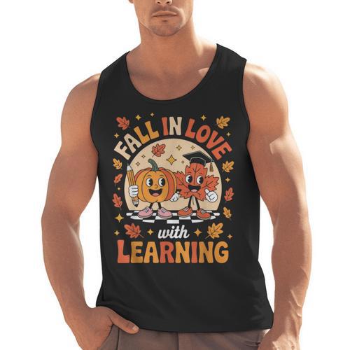 Retro Fall In Love With Learning Pumpkin Leaf Teacher Autumn Men Tank Top - teacherstshirts.com