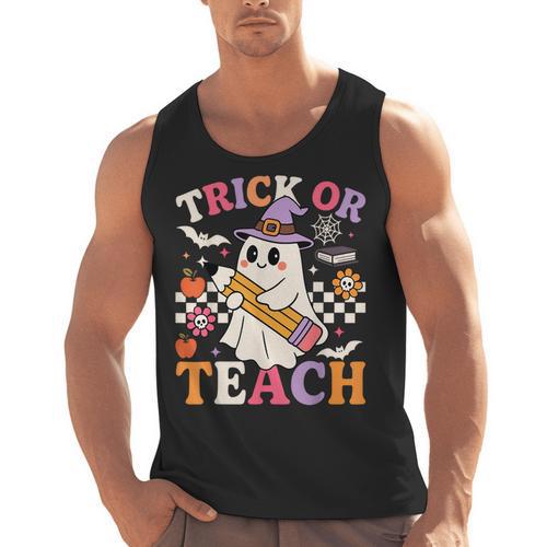 Retro Floral Ghost Trick Or Teach Groovy Teacher Halloween Men Tank Top - teacherstshirts.com AU