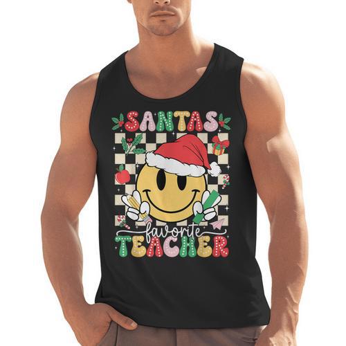 Santas Favorite Teacher Retro Groovy Smile Face Christmas Men Tank Top - teacherstshirts.com UK