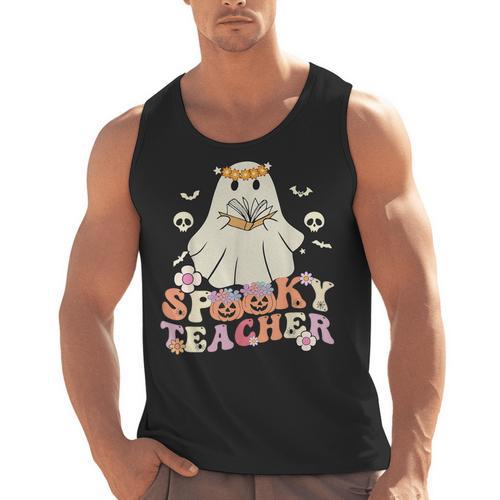 Spooky Teacher Groovy Retro Ghost Teacher Halloween 2023 For Men Women Kids Men Tank Top - teacherstshirts.com AU