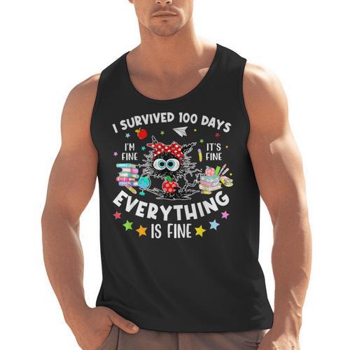 I Survived 100 Days Of School Teacher Kids Cat Lover Men Tank Top - teacherstshirts.com UK