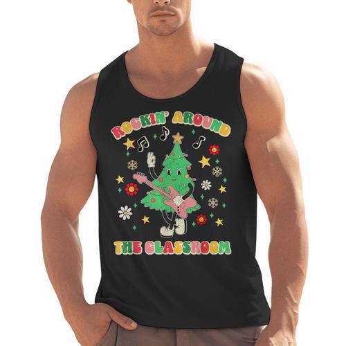 Teacher Christmas Shirts Pajama Matching Rockin' Around The Classroom -Adult Short Sleeve Small Modern Festive Christmas Teacher Xmas Vibes T-Shirt Men Tank Top - teacherstshirts.com AU
