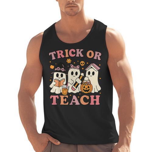 Teacher Halloween Trick Or Teach Cute Ghost Coffee Pumpkins Men Tank Top - teacherstshirts.com AU