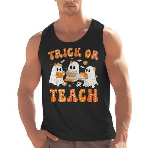 Teacher Halloween Trick Or Teach Retro Groovy Floral Ghost Men Tank Top - teacherstshirts.com CA