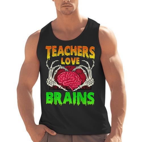 Teacher Teachers Love Brains Skeleton Hand Heart Halloween Men Tank Top - teacherstshirts.com CA