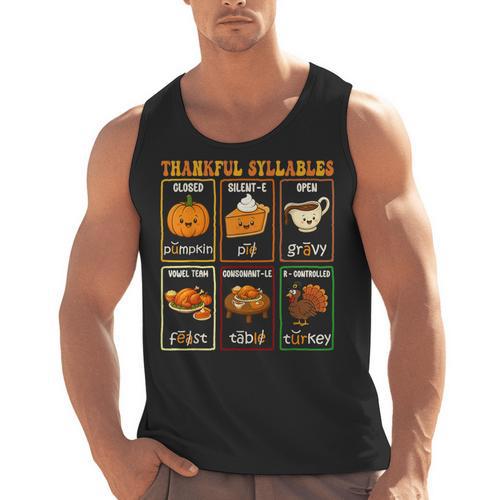 Thankful Syllables Thanksgiving Phonics Reading Teacher Fall Men Tank Top - teacherstshirts.com UK