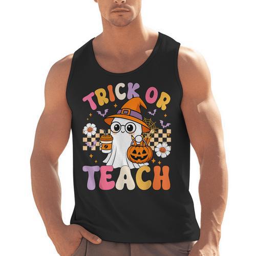 Trick Or Teach Cute Ghost Coffee Pumpkins Halloween Teacher Men Tank Top - teacherstshirts.com