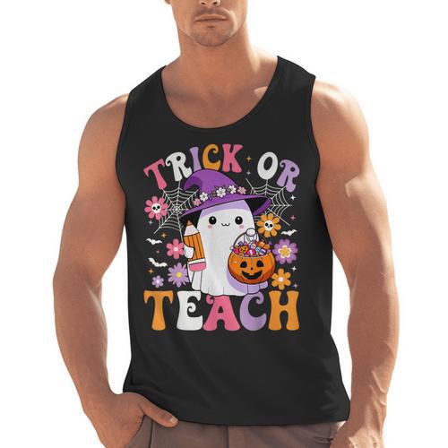 Trick Or Teach Groovy Teacher Ghost Halloween Teacher Men Tank Top - teacherstshirts.com UK
