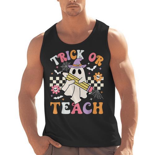 Trick Or Teach Groovy Teacher Halloween Retro Teacher Ghost Men Tank Top - teacherstshirts.com CA