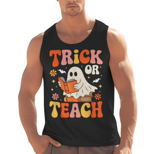 Trick Or Teach Halloween Shirt For Teacher Kids Floral Ghost Men Tank Top - teacherstshirts.com UK