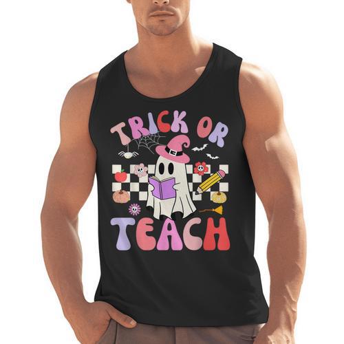 Trick Or Teach Halloween Teacher Floral Ghost Groovy Men Tank Top - teacherstshirts.com UK