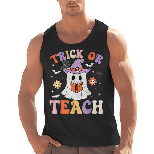 Trick Or Teach Teacher Groovy Ghost Halloween Teacher Men Tank Top - teacherstshirts.com UK