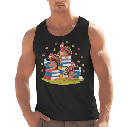 Turkey Reading Books Fall Season Thanksgiving Teacher Book Men Tank Top - teacherstshirts.com UK