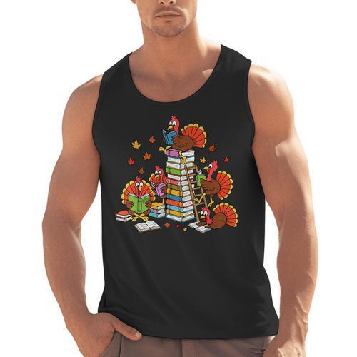 Turkey Reading Books Fall Thanksgiving Teacher Librarian Men Tank Top - teacherstshirts.com CA
