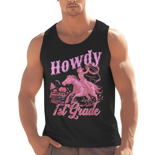 Vintage Howdy First Grade Cowgirl Teacher Western School Men Tank Top - teacherstshirts.com AU