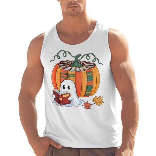 Fall Book Pumpkin Books Ghost Reading Halloween Teacher Men Tank Top - teacherstshirts.com CA