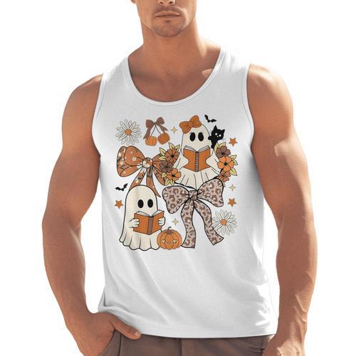Ghost Reading Books Halloween Bow Spooky Teacher Student Men Tank Top - teacherstshirts.com