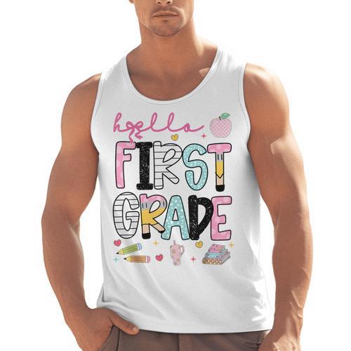 Hello First Grade Teacher Coquette Pencil Bow Back To School Men Tank Top - teacherstshirts.com