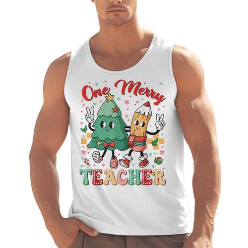 One Merry Teacher Groovy Christmas Tree Pjs Xmas Teacher Men Tank Top - teacherstshirts.com UK