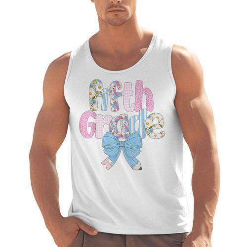 Preppy Fifth Grade Teacher Blue Floral Coquette Pencil Bow Men Tank Top - teacherstshirts.com AU