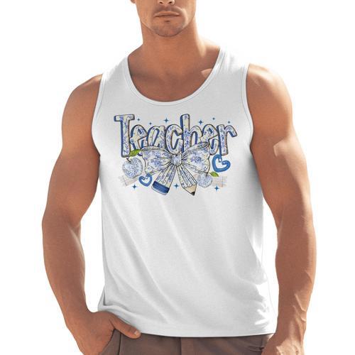 Teacher Blue Chinoiserie Coquette Bow Heart Teacher Life Men Tank Top - teacherstshirts.com UK