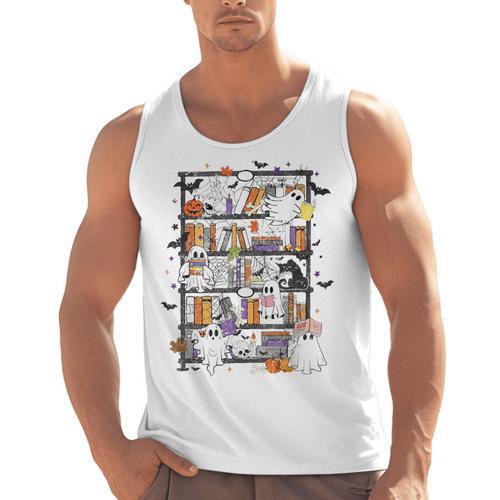 Teacher Library Ghost Reading Book Halloween Cat Men Tank Top - teacherstshirts.com