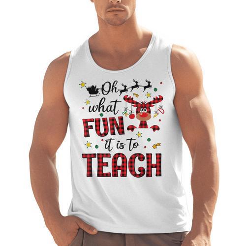Teachers Oh What Fun It Is To Teach Cute Red Plaid Reindeer Men Tank Top - teacherstshirts.com