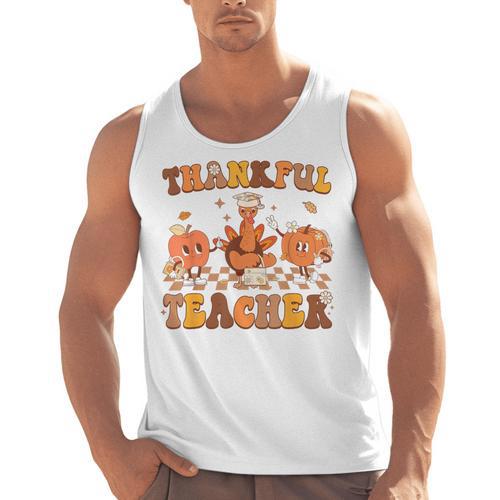 Thankful Teacher Retro Groovy Thanksgiving Fall Women Men Men Tank Top - teacherstshirts.com