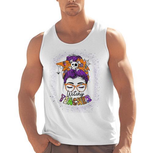 Witchy Teacher Halloween Messy Bun Teacher Bleached Men Tank Top - teacherstshirts.com DE