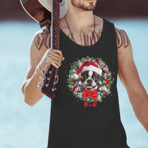 Boston Terrier Christmas Wreath Decoration Xmas Pajamas Men Tank Top - Bostonterriersmerch.com