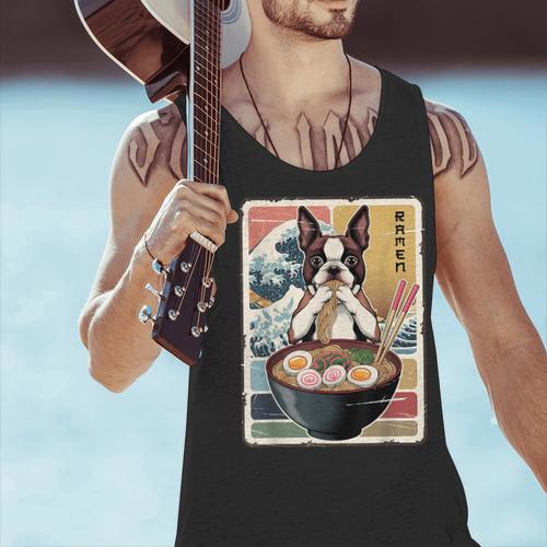 Boston Terrier Ramen Noodles Japanese Art Retro Ocean Waves Men Tank Top - Bostonterriersmerch.com