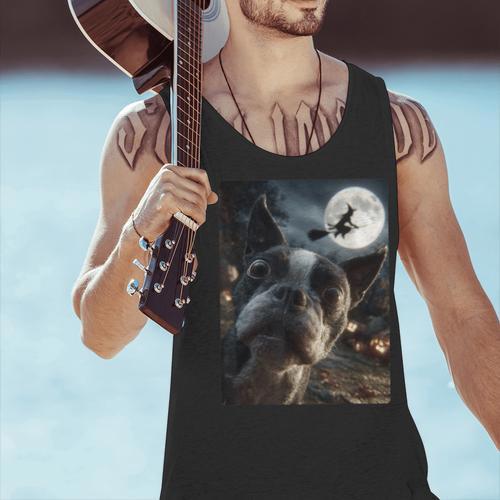 Boston Terrier Selfie Full Moon Flying Witch Halloween Dog Men Tank Top - Bostonterriersmerch.com