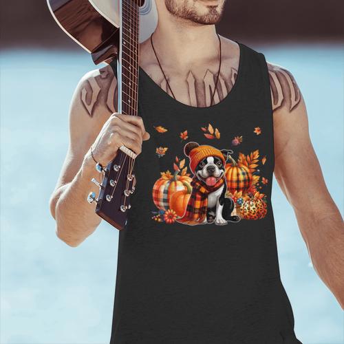 Boston Terrier Thanksgiving Leopard Pumpkins Fall Leaves Men Tank Top - Bostonterriersmerch.com