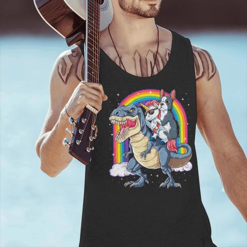 Boston Terrier Unicorn Riding Dinosaur T-Rex Girls Rainbow Men Tank Top - Bostonterriersmerch.com