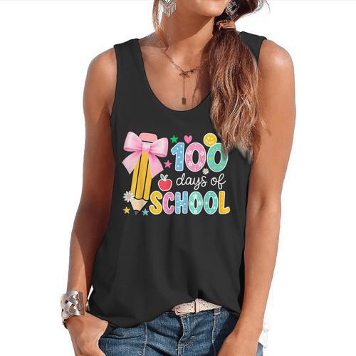 100 Days Of School Preppy 100th Day Of School Teachers Girls Flowy Tank - teacherstshirts.com DE