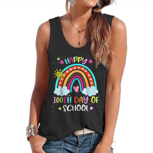 100th Day Of School Rainbow Happy 100 Days Smarter Teacher Flowy Tank - teacherstshirts.com CA