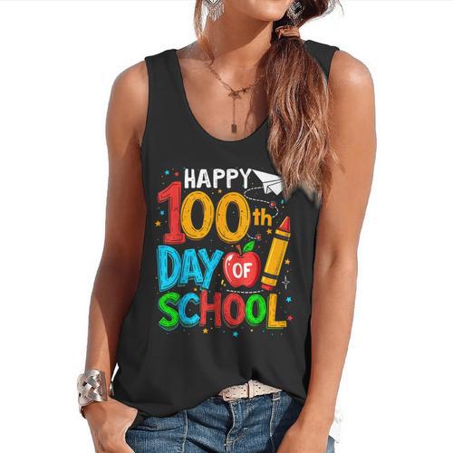 100th Day Of School Teachers Kids Happy 100 Days Flowy Tank - teacherstshirts.com DE